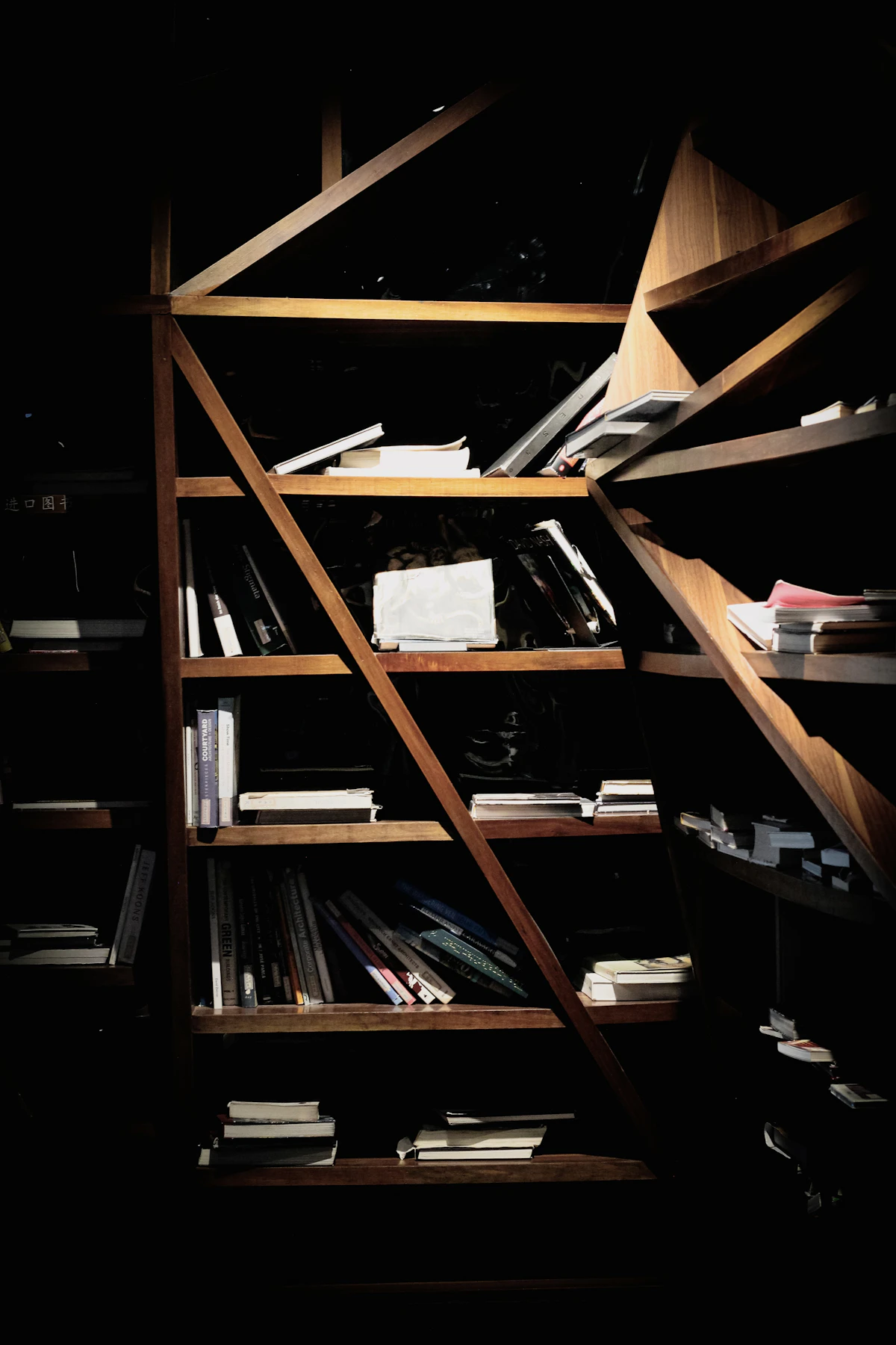 Dark shelves stacked with scattered books and papers