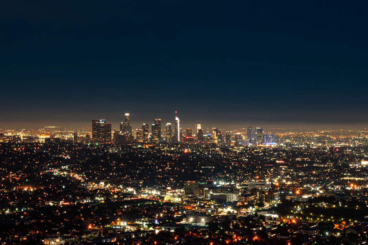 The Los Angeles skyline and city lights at night